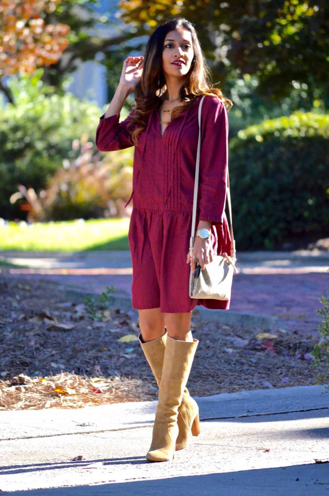 burgundy dress and boots An Unblurred Lady