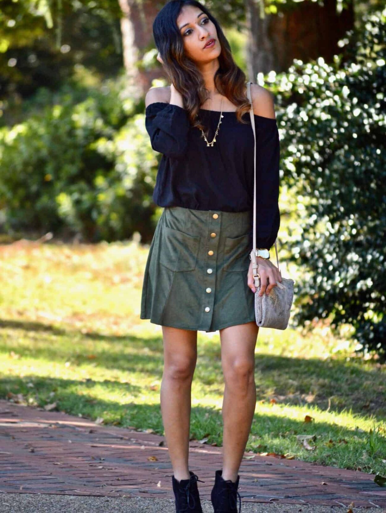 green suede skirt