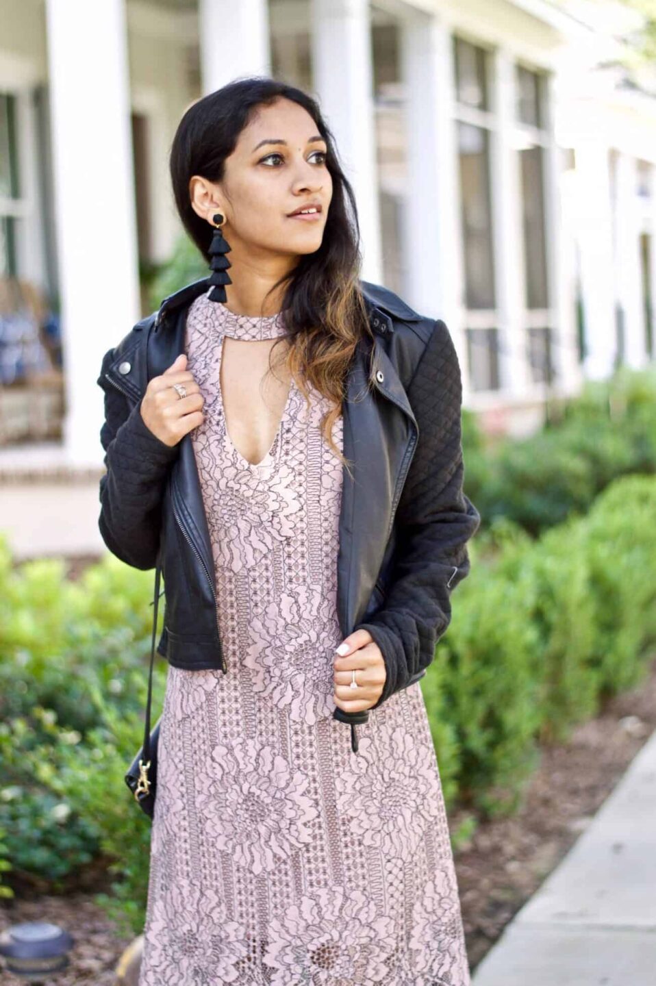 Blush Lace Dress with a Leather Jacket An Unblurred Lady