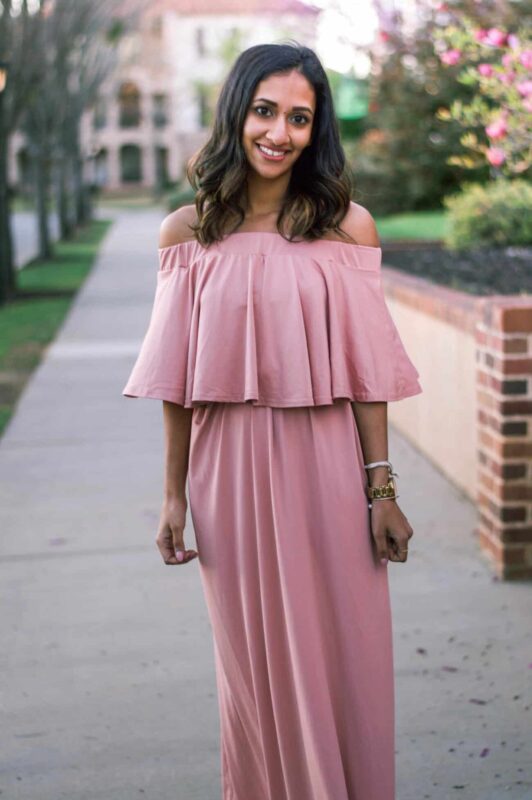 blush off the shoulder maxi dress