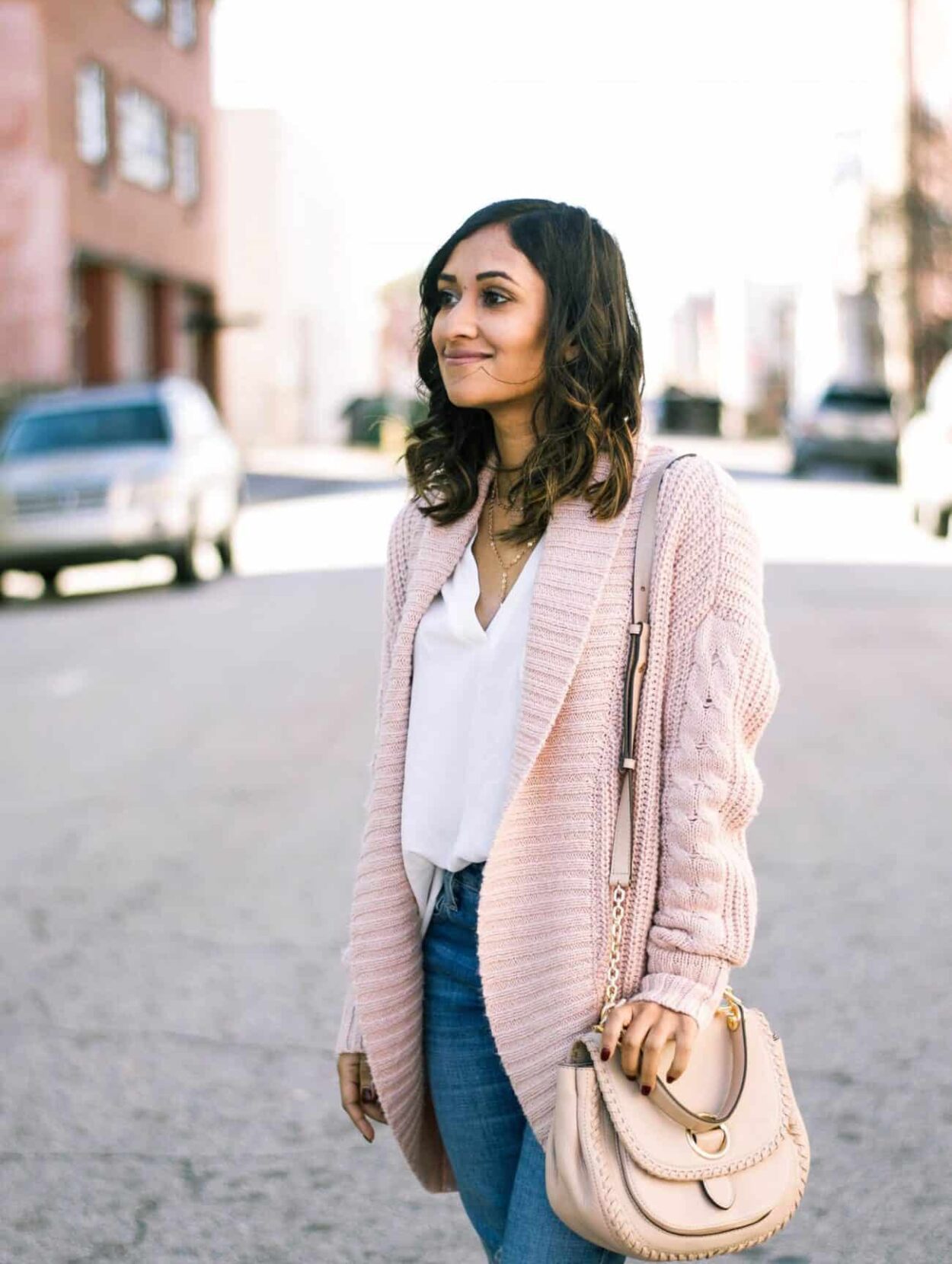 pink spring transitional outfit